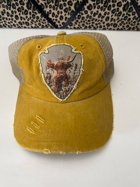 Distressed Mustard Yellow Trucker Hat w/Highland Cow Patch & Rhinestone Detail